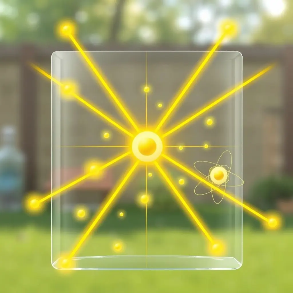 Illustration depicting visible light photons passing through a sheet of glass without interacting with electrons.