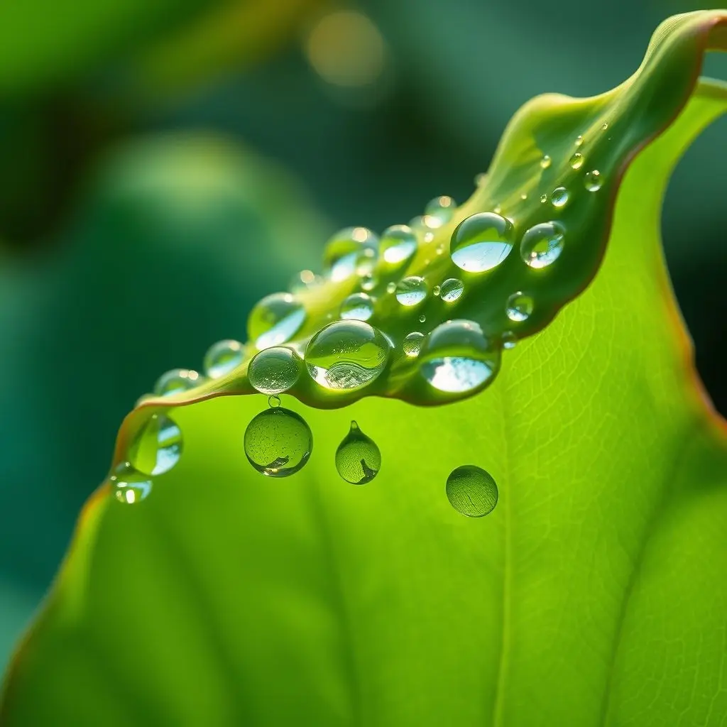 Close-up of water beading and rolling off a lotus leaf, illustrating the natural lotus effect.