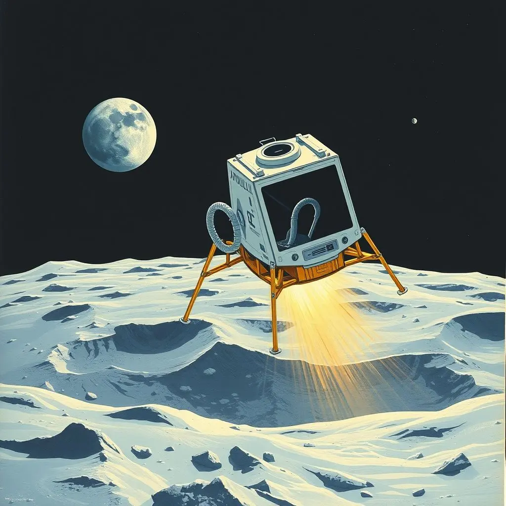 Illustration of the Apollo 11 Lunar Module, Eagle, descending towards the moon's surface