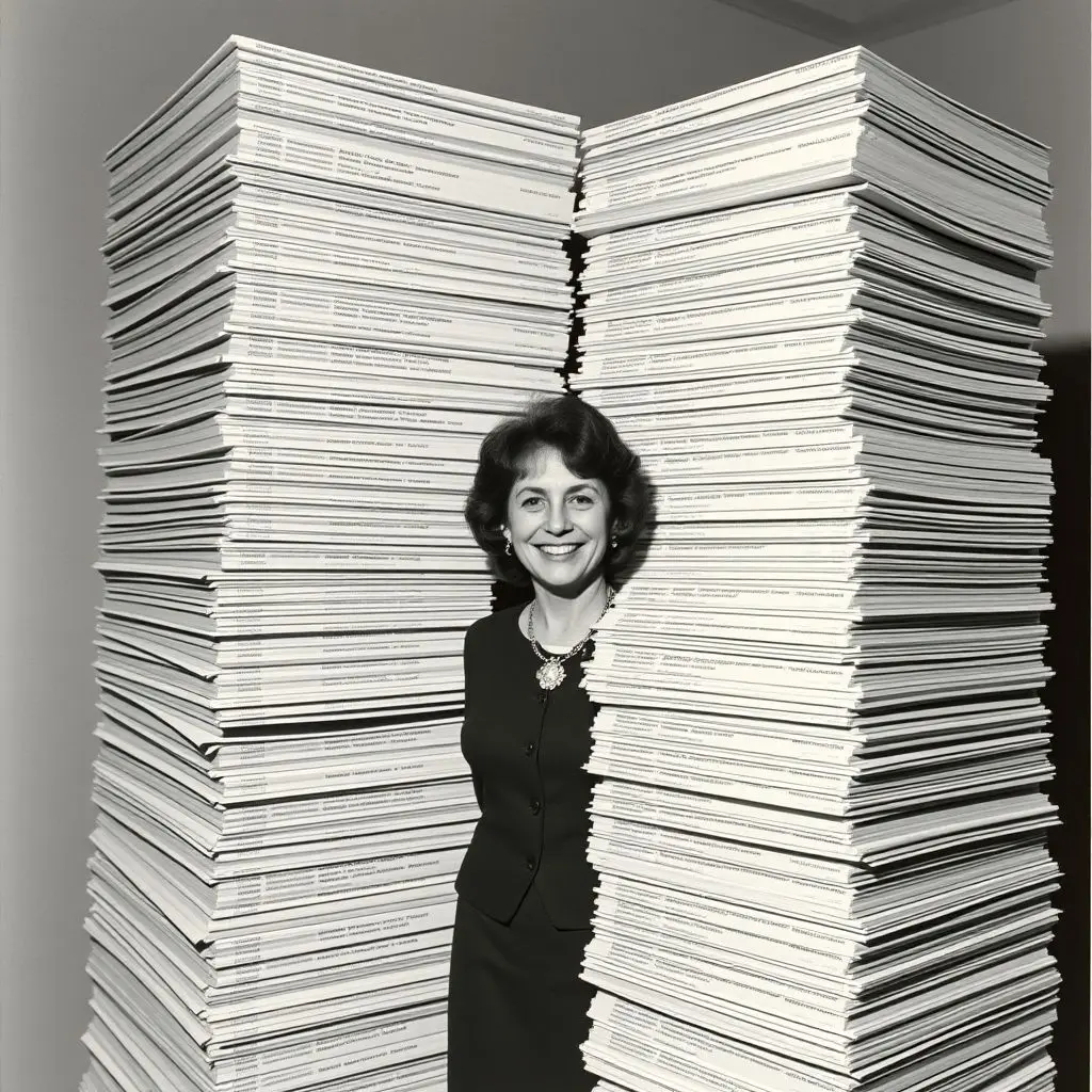 Margaret Hamilton standing next to a large stack of computer code printouts