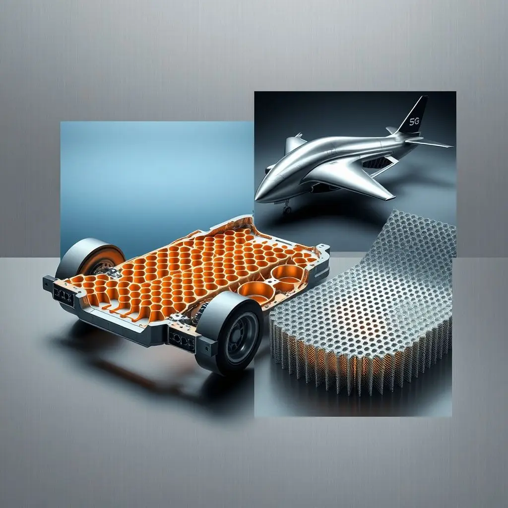 Collage showing diverse potential applications of metal foam like car parts, aerospace structure, and heat exchanger.