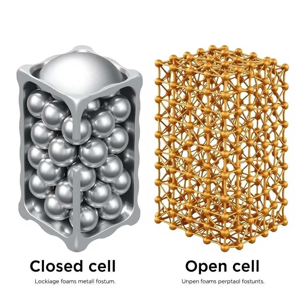 Illustration showing both closed-cell and open-cell metal foam structures side by side.