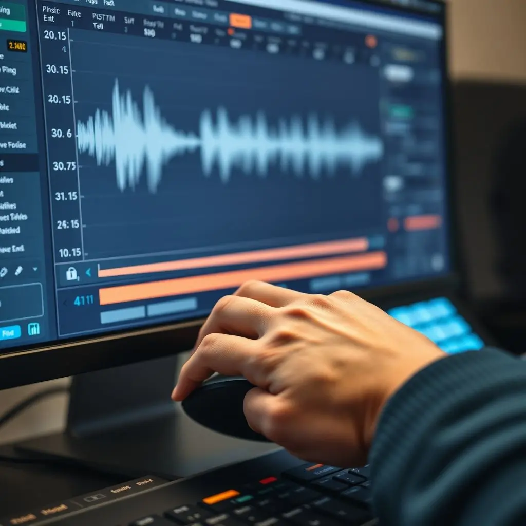 A sound engineer in a modern recording studio fine-tuning vocal tracks on a computer screen, with pitch correction software visible.