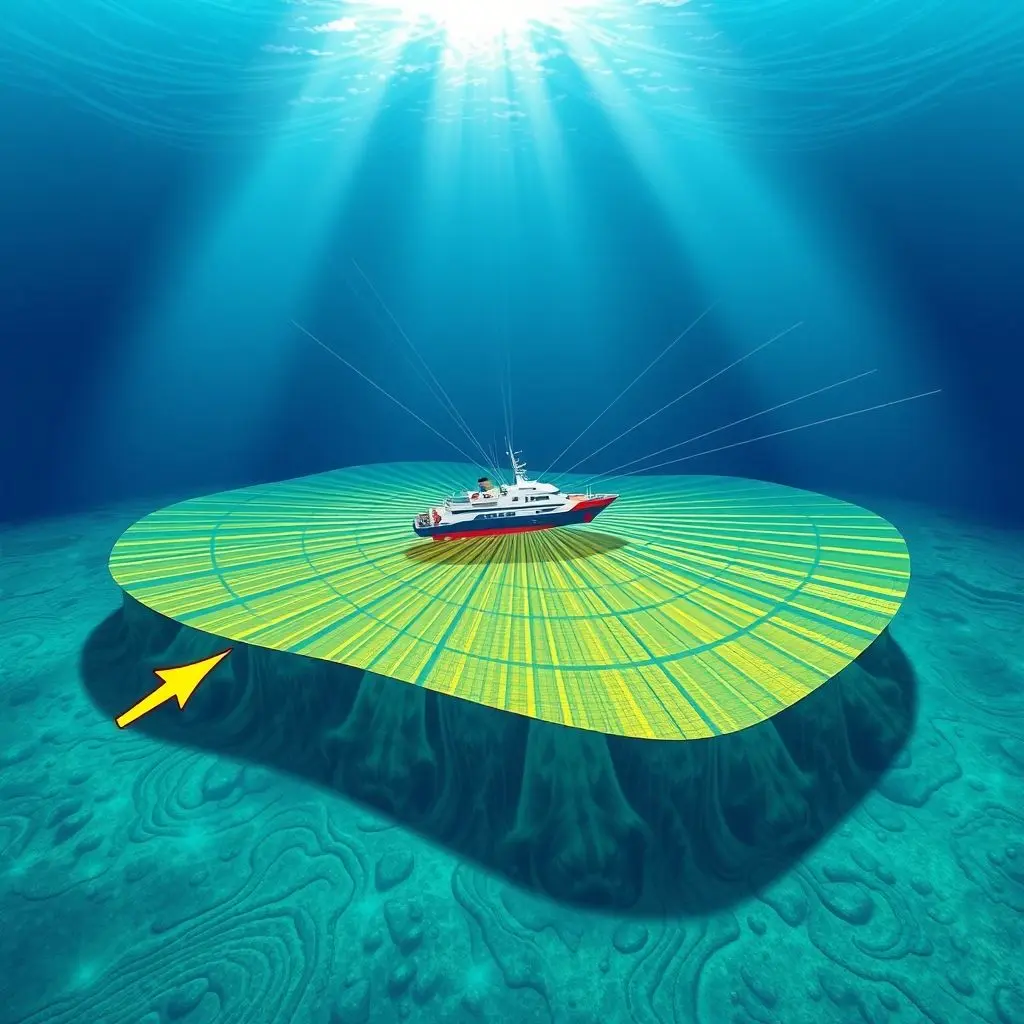 Illustration showing a ship using multibeam sonar, depicting multiple sound beams creating a wide swath of coverage on the seafloor.