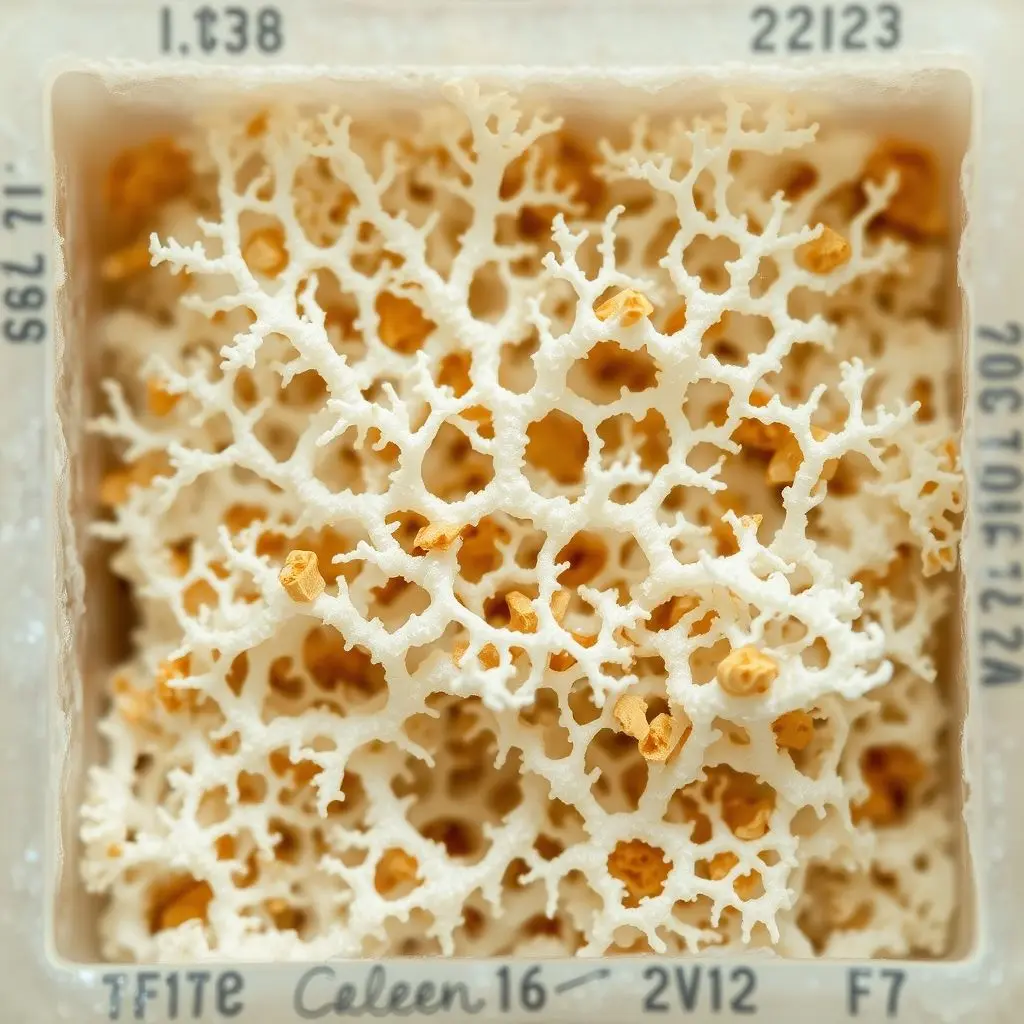 Mycelium Growing in a Mold Detailed macro shot of a dense, white mycelium network binding agricultural waste inside a mold.