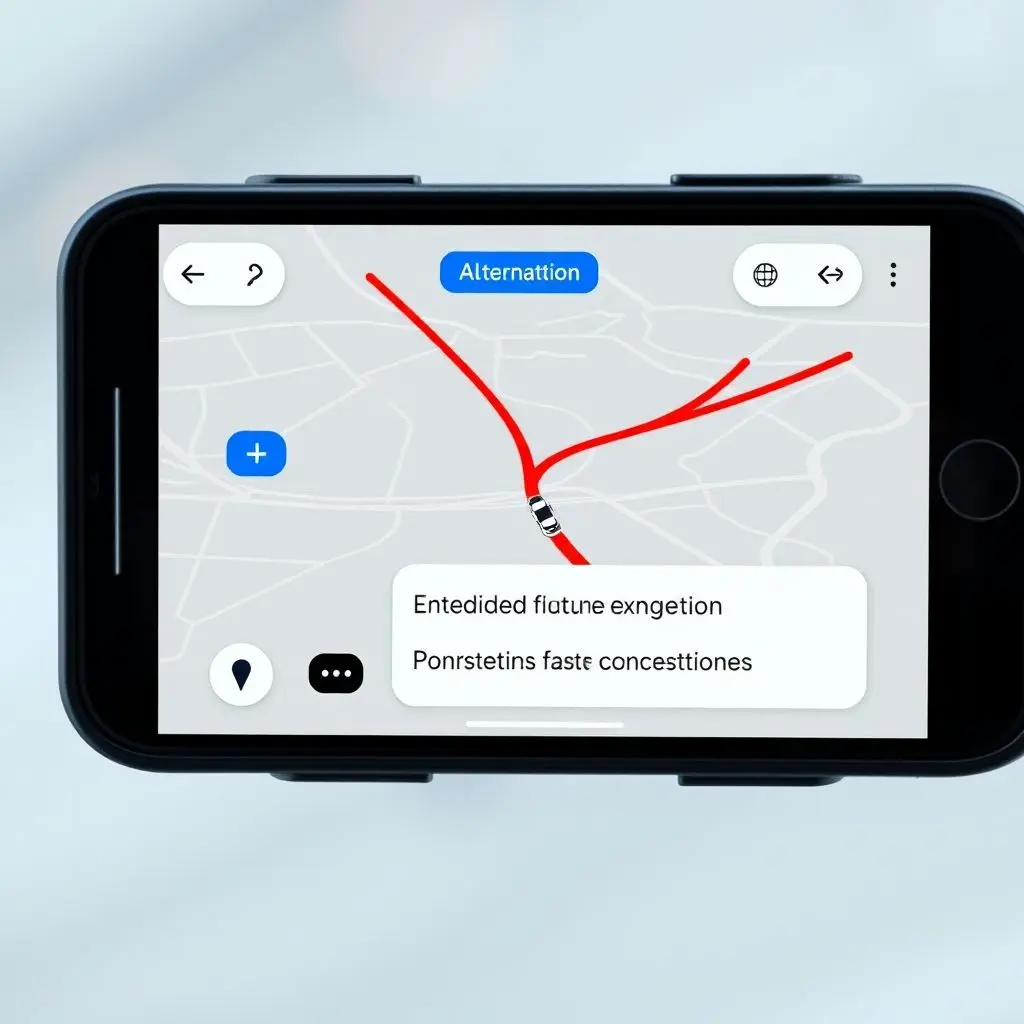 A smartphone screen displaying a navigation app with routes highlighted. One route shows predicted future congestion (perhaps indicated by darker red or a warning icon), while an alternative route is suggested as faster due to anticipated conditions.