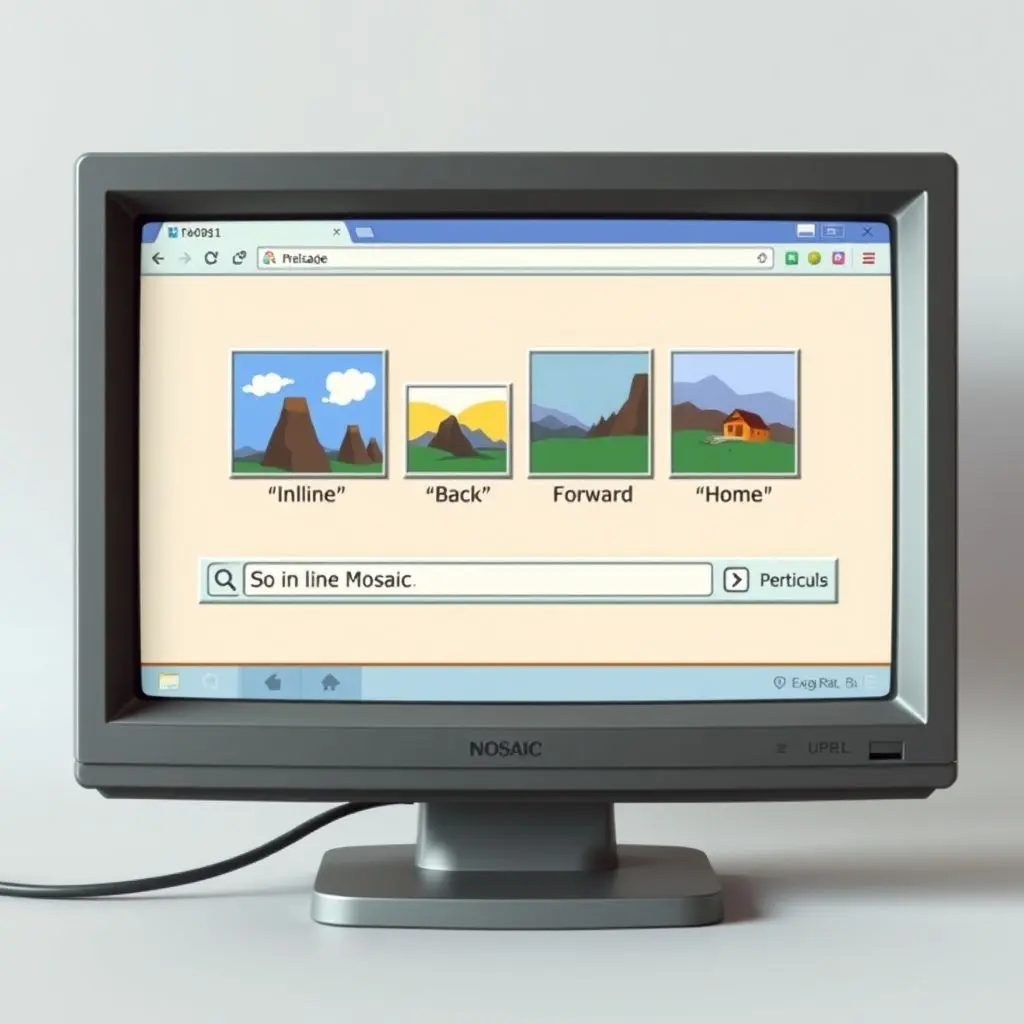 A visual representation of the NCSA Mosaic browser interface from 1993, showing inline images, navigation buttons, and a URL bar.