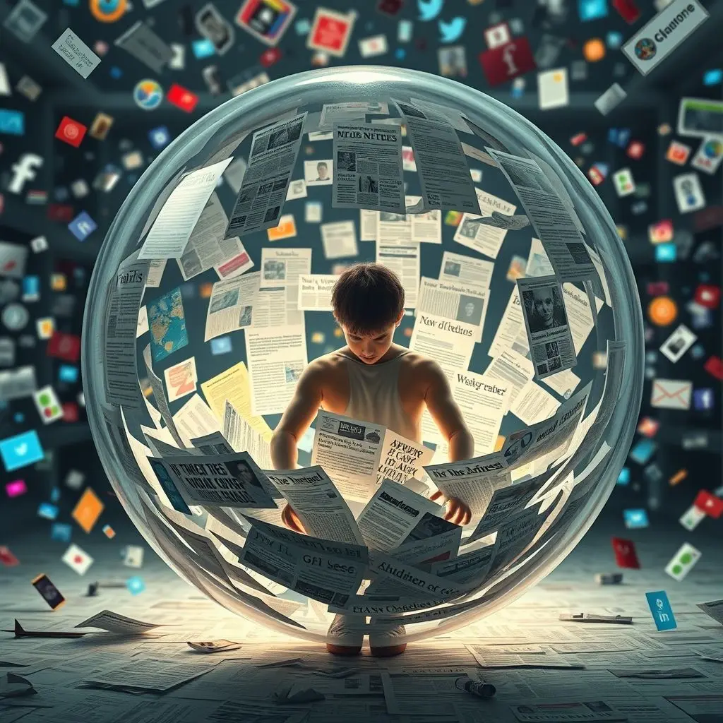 Visual metaphor showing a person inside a sphere or bubble made of news headlines, isolated from external information.