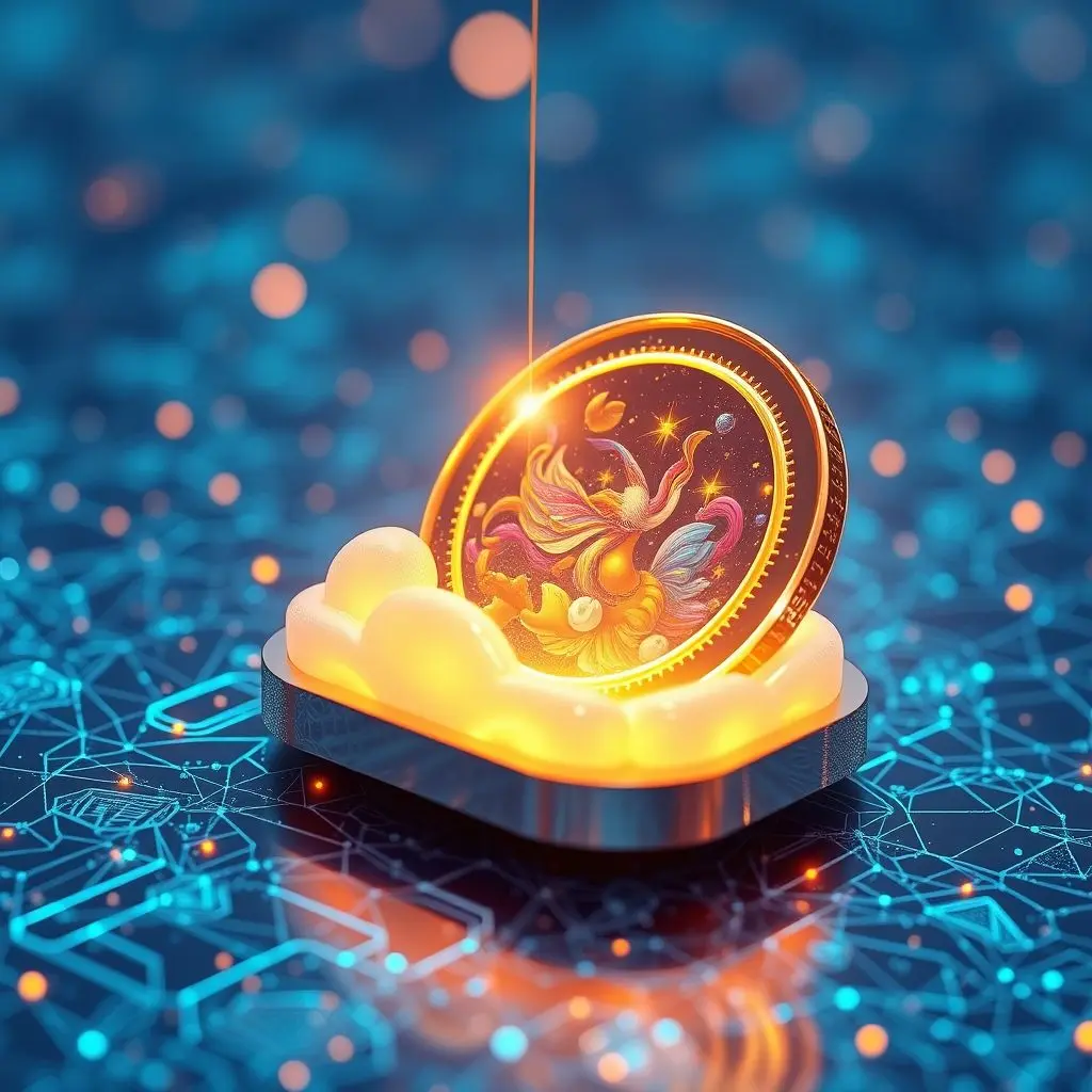Visual metaphor of an NFT: a unique digital token on a blockchain linked by a thread to a digital artwork stored externally.