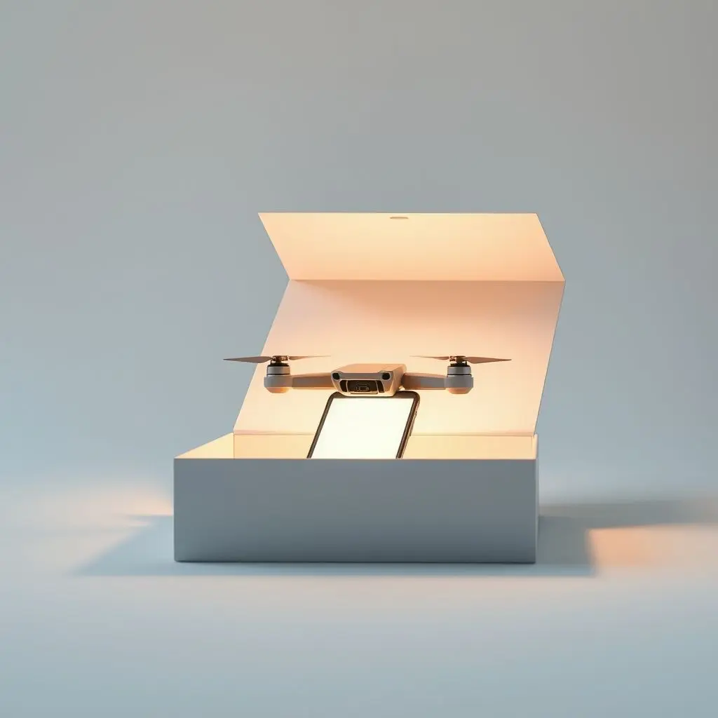 Brightly lit new tech gadget emerging from an elegant, minimalist box, emphasizing novelty and discovery.