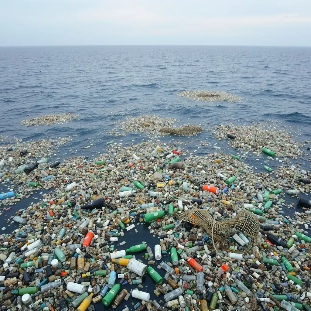 Vast area of ocean surface covered in plastic debris, illustrating the scale of the pollution problem.