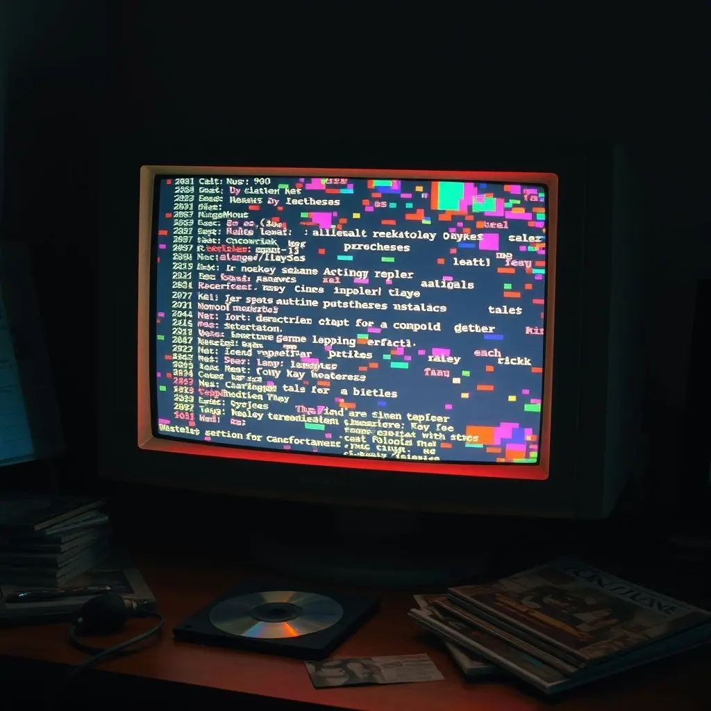 An old computer monitor displaying corrupted filenames or an error message