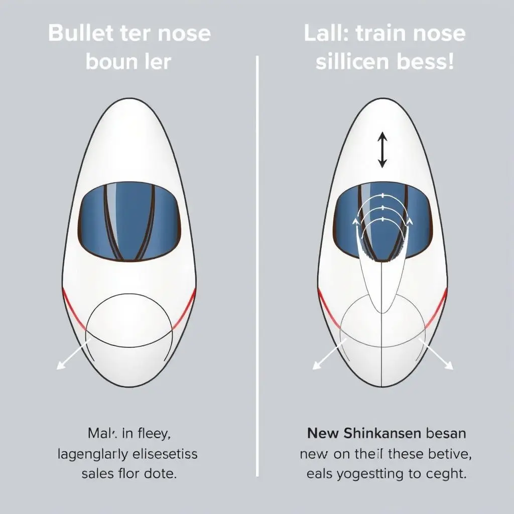 Comparison illustration showing the old and new Shinkansen bullet train nose cone designs, highlighting the kingfisher beak shape