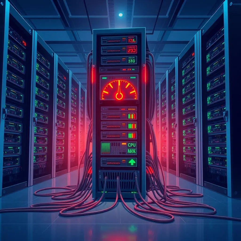 Illustration of a server icon with gauges for CPU, memory, and bandwidth maxed out and red, visually representing resource exhaustion from an attack.