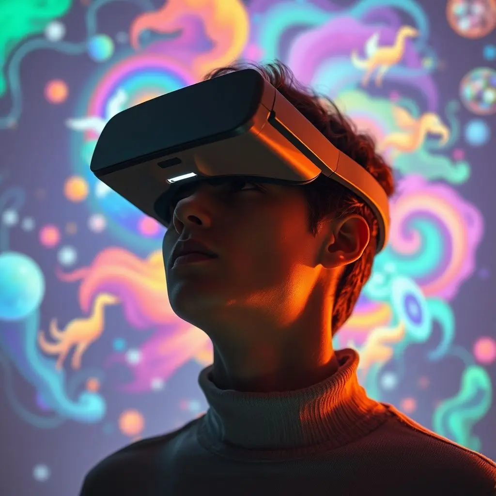Person wearing futuristic headset watching vivid, colorful dream imagery
