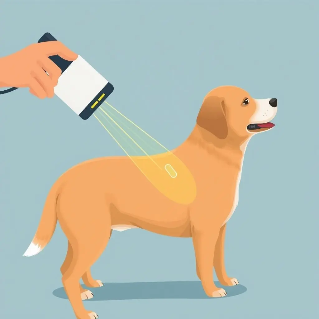 Illustration showing a scanner being passed over a dog's shoulder blades, highlighting the microchip location.