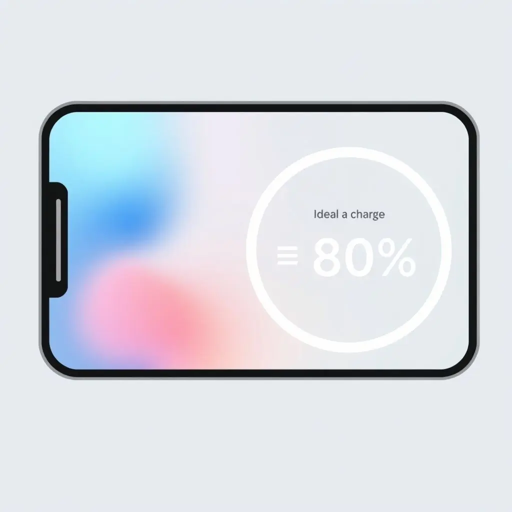 Illustration of a phone charging, with a graphic highlighting the 20-80% battery level as the 'happy zone'