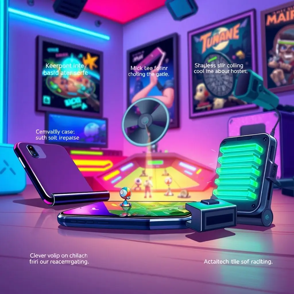 Illustration showing various methods to cool a phone while gaming: removing case, pointing a fan, using a clip-on cooler.