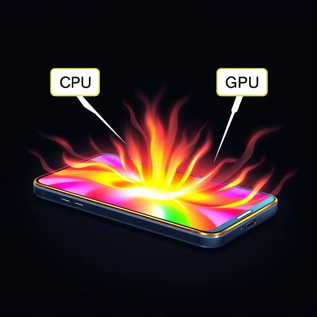 Illustration showing heat waves emanating from a smartphone with visible labels pointing to CPU and GPU areas, symbolizing intense work during gaming.