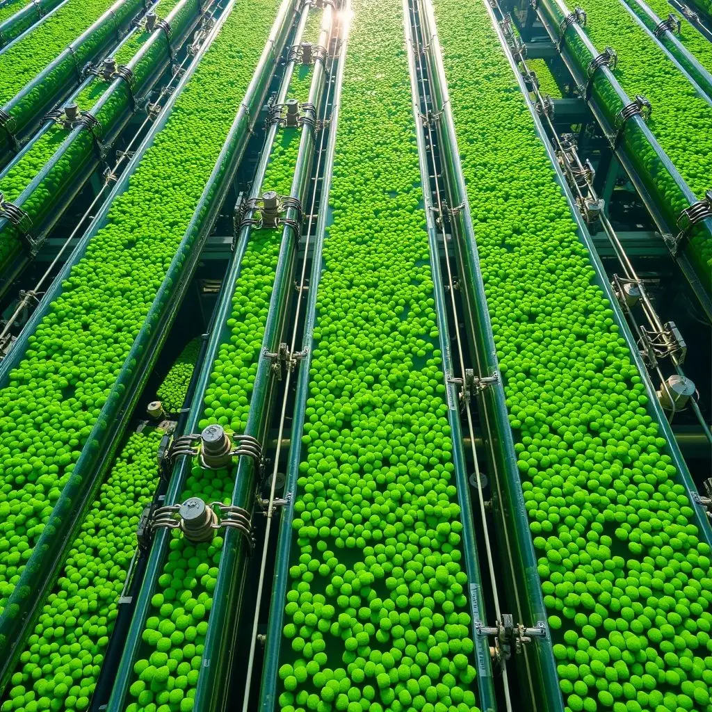 Rows of transparent photobioreactor tubes filled with green algae culture under sunlight.