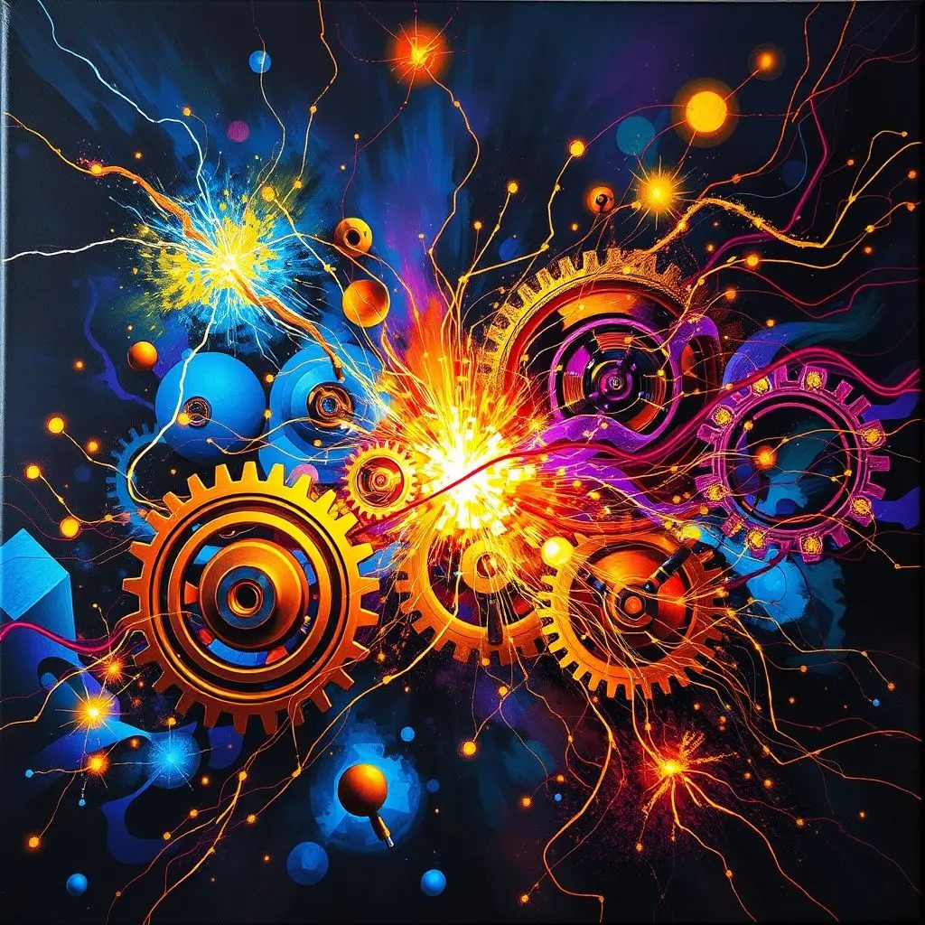 Abstract illustration representing the interaction of electricity, magnetism, and mechanics in the process of sound amplification.