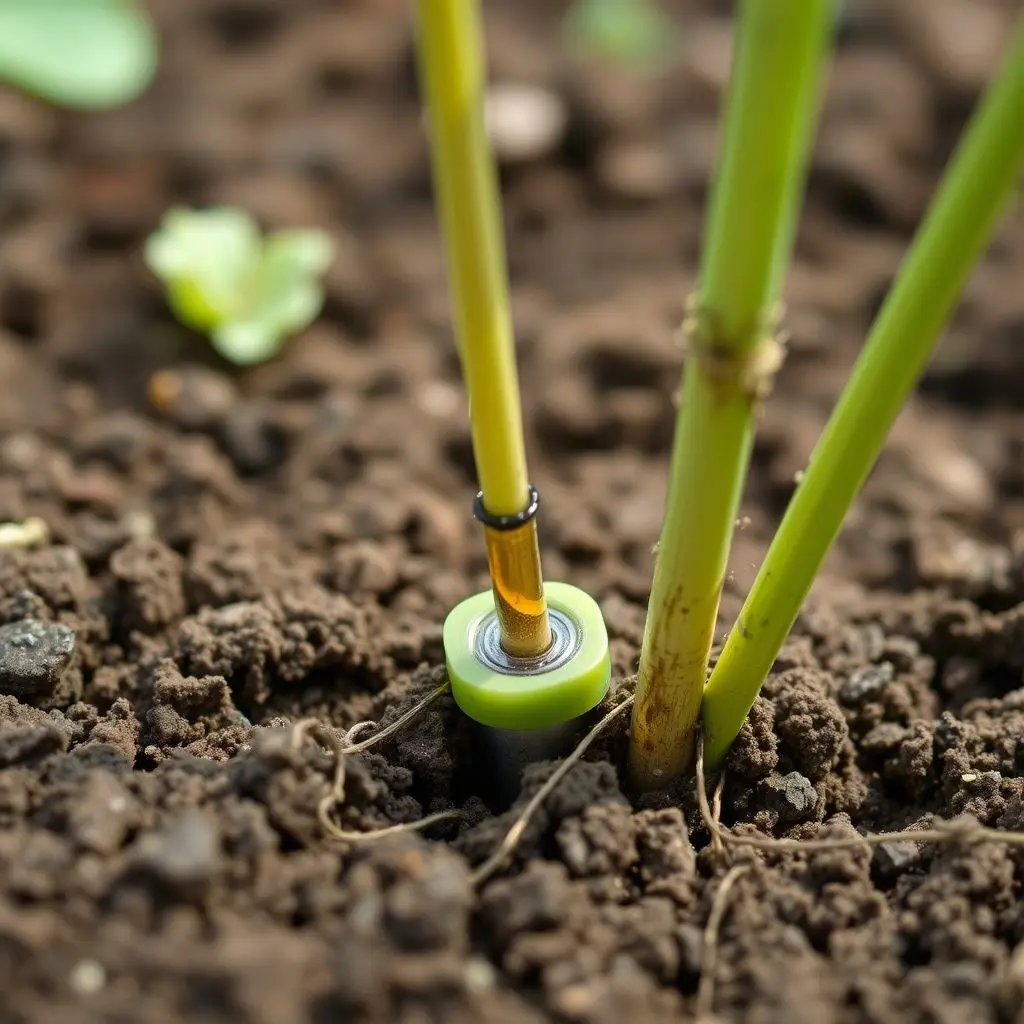 Close-up of a soil moisture or nutrient sensor inserted in the soil near a plant stem.