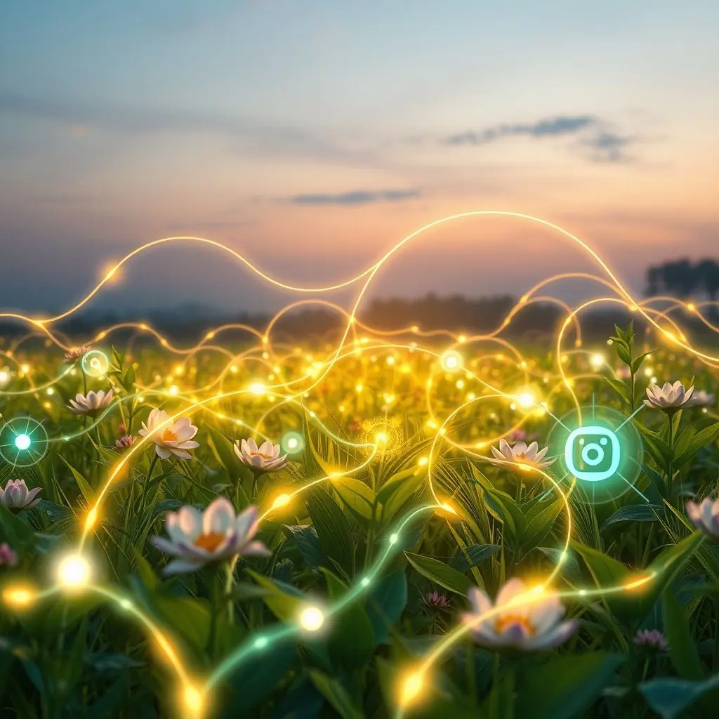 Abstract or artistic representation showing plants connected by lines or waves to technological devices, symbolizing communication and data flow.