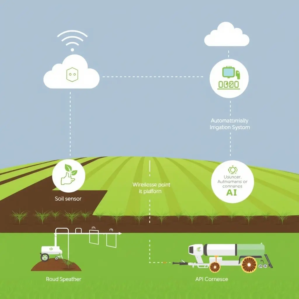 Diagram showing data flow from sensors in a field (soil, plant, weather) wirelessly transmitting to a cloud platform, analyzed by AI, and sending insights or commands to irrigation systems or farm equipment.