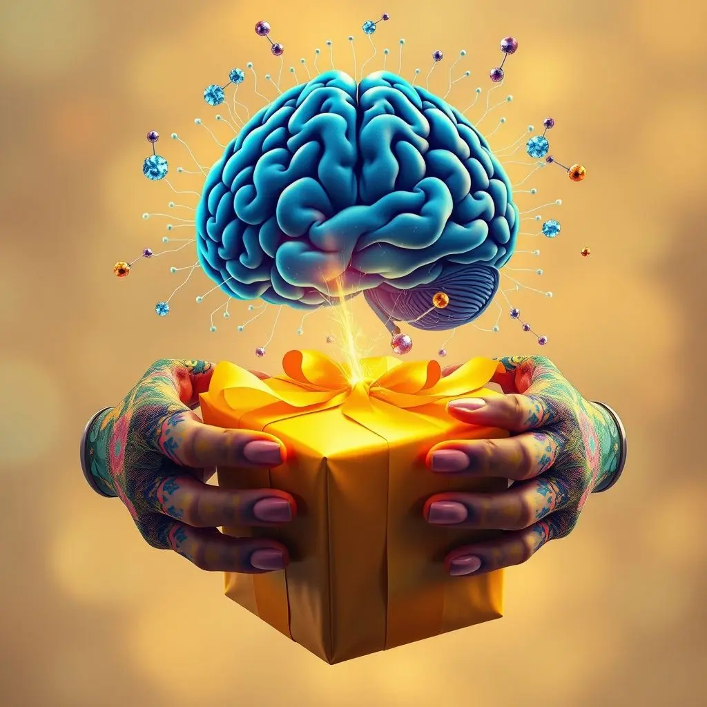 Abstract image of a brain with dopamine flow over hands opening a box, symbolizing the psychological reward of unboxing.