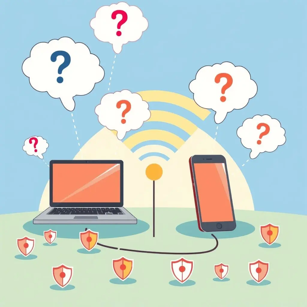 Illustration of question marks and shields representing common questions and answers about public Wi-Fi security.