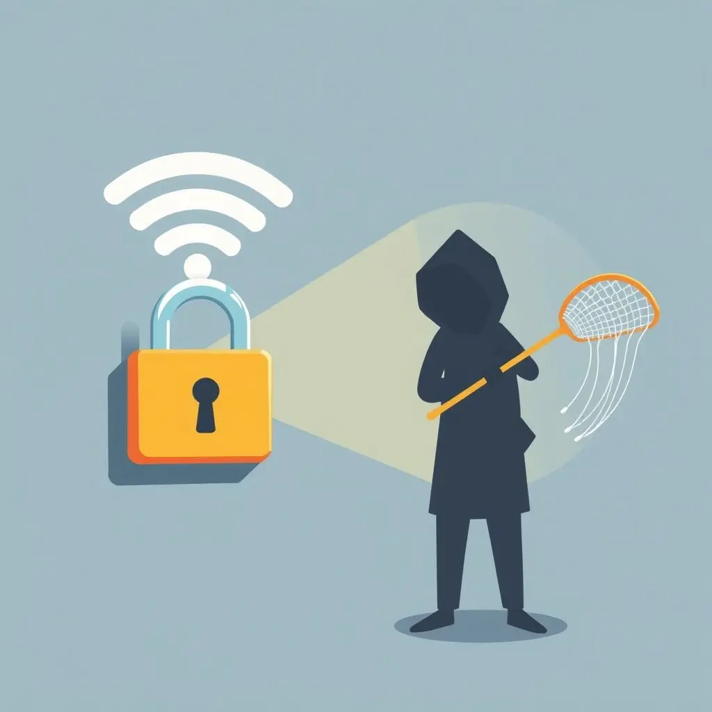 Illustration showing a public Wi-Fi connection with a password lock, but data packets being intercepted by a figure lurking nearby.