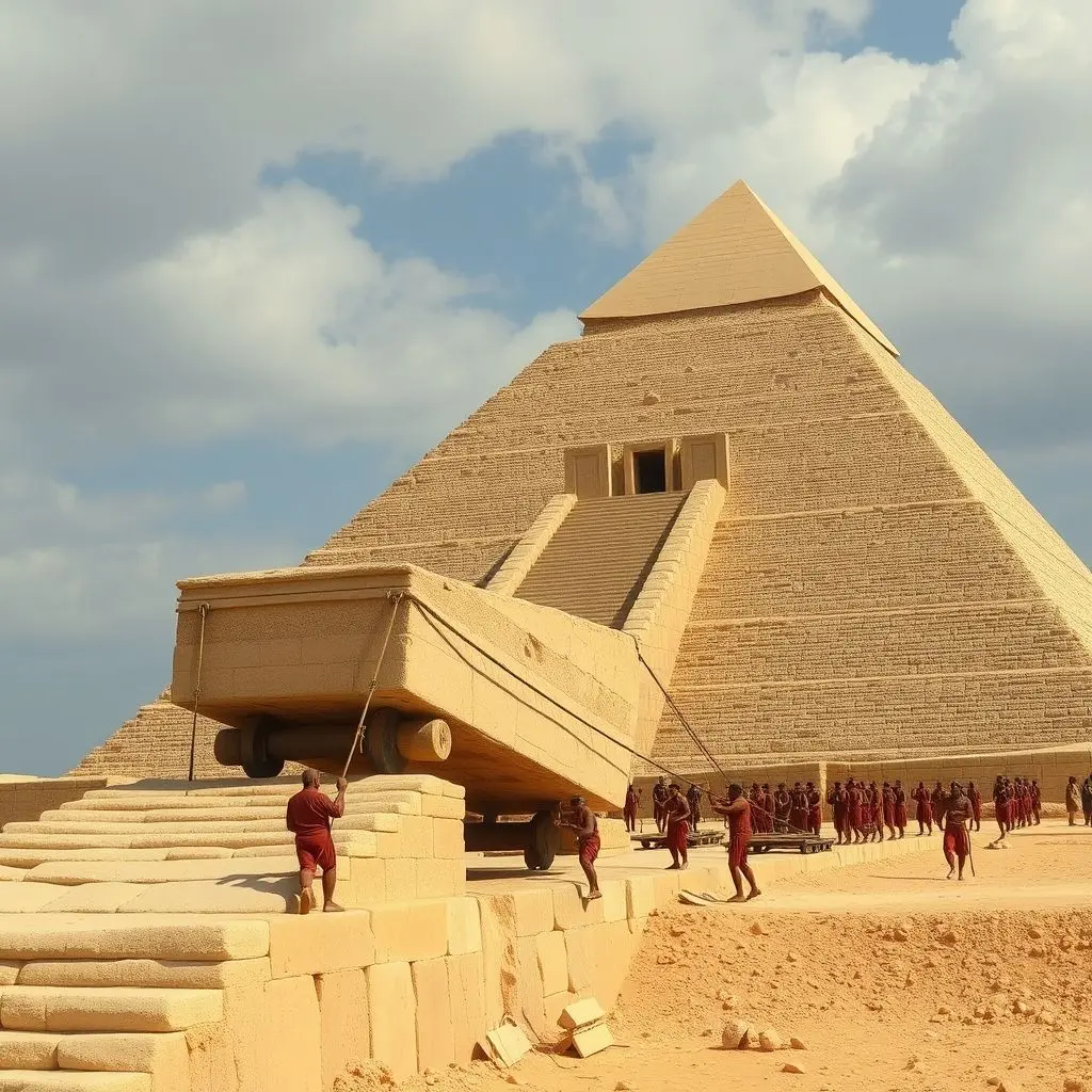 Speculative visual depicting a possible ramp system used in ancient Egyptian pyramid construction, with workers pulling a large stone block.