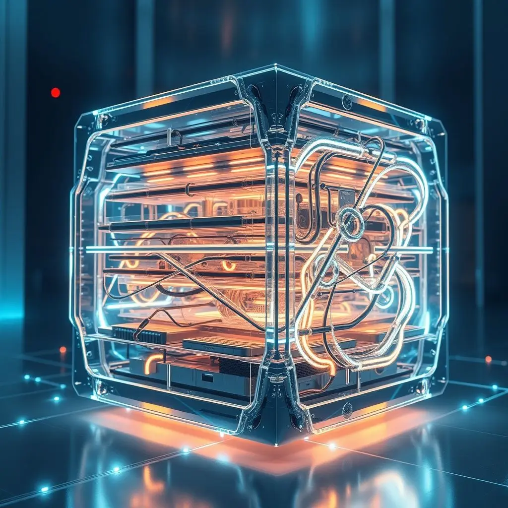 Futuristic, abstract representation of a quantum computer's core, possibly showing a dilution refrigerator structure with glowing elements.