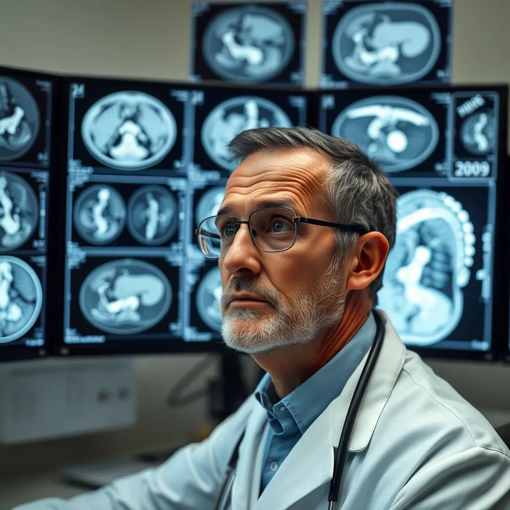 Radiologist reviewing complex medical scans