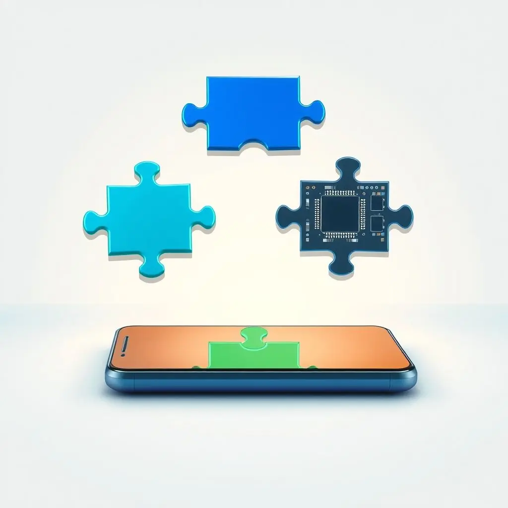 Smartphone components depicted as puzzle pieces being put together or taken apart.