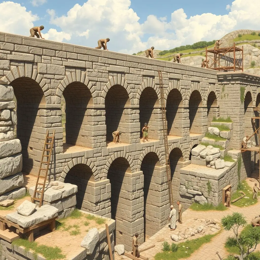 Speculative visual of ancient Romans building an aqueduct, showing laborers constructing arches and the water channel.