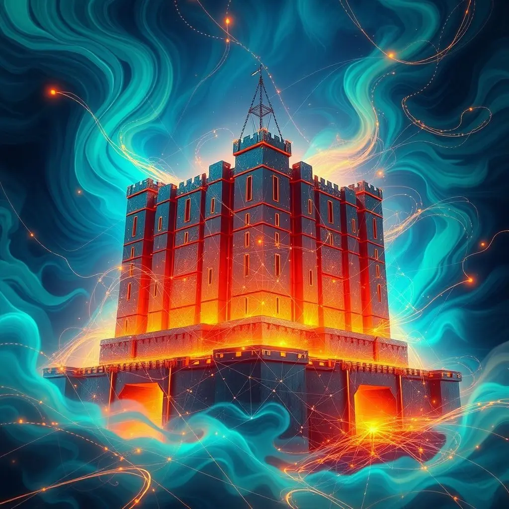 An abstract representation of a robust blockchain network, with a large, impenetrable fortress-like structure made of interconnected digital blocks, symbolizing immense hash power and security.