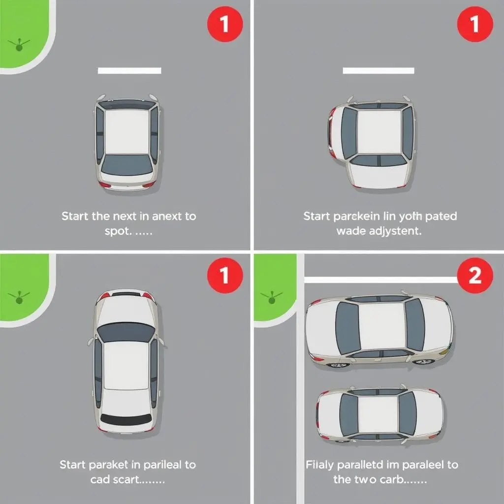 Sequential illustrations showing a car performing a self-parallel park, from initial position, backing in at an angle, adjusting, to finally parked.