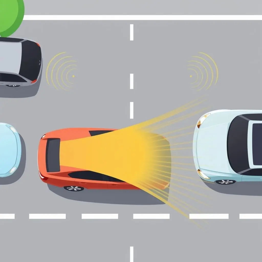 Illustration showing a car driving slowly with ultrasonic sensor waves emanating from its side, scanning a parallel parking space between two other cars.