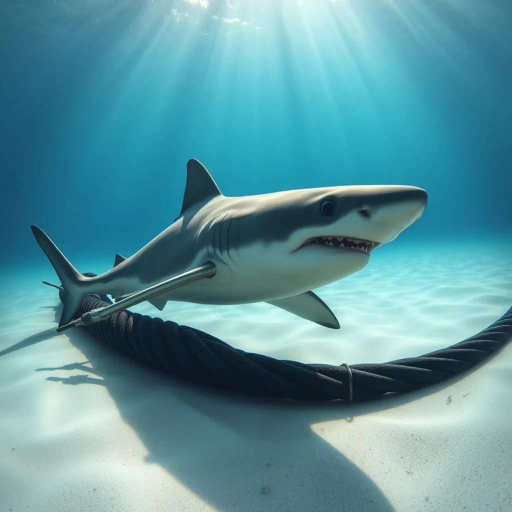 A curious shark, possibly a Great White, gently investigating a thick, dark submarine internet cable resting on the ocean floor, with the cable's robust design clearly visible.