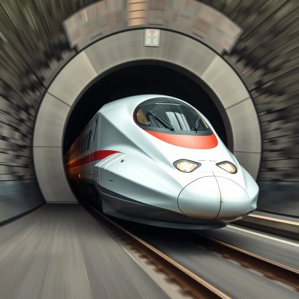 Japan Shinkansen bullet train exiting a tunnel, showcasing its aerodynamic nose cone