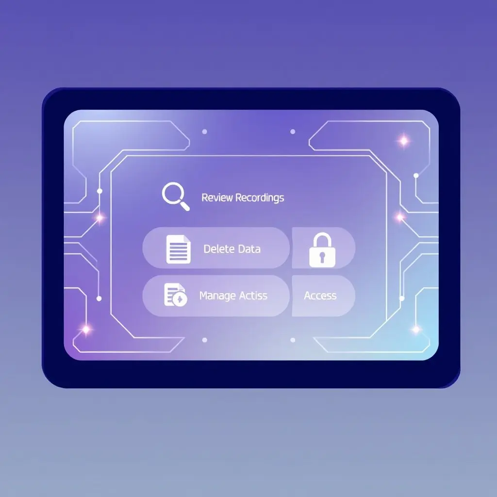 Screenshot or illustration of a user interface dashboard showing privacy settings for a smart speaker account, with options to review or delete recordings.