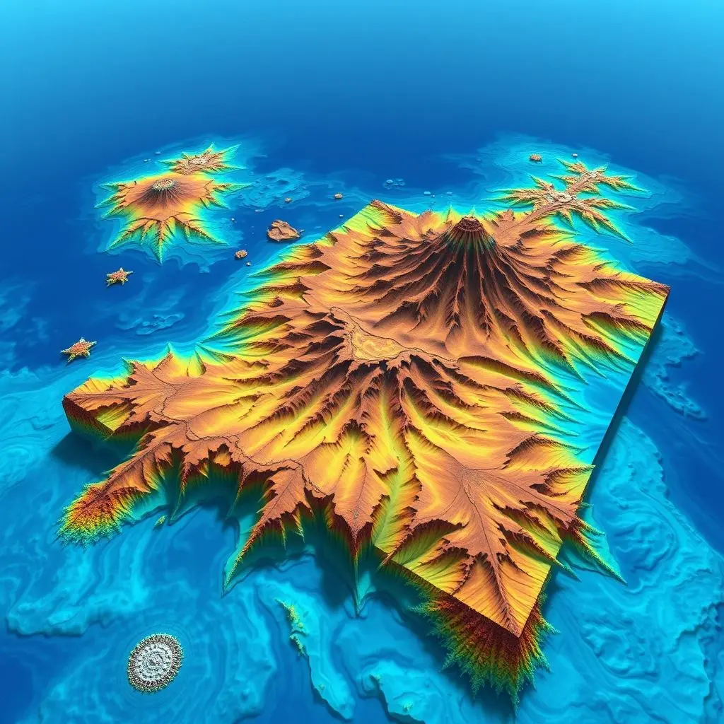 A detailed, colourful 3D map of a section of the ocean floor generated from sonar data, showing canyons and ridges.