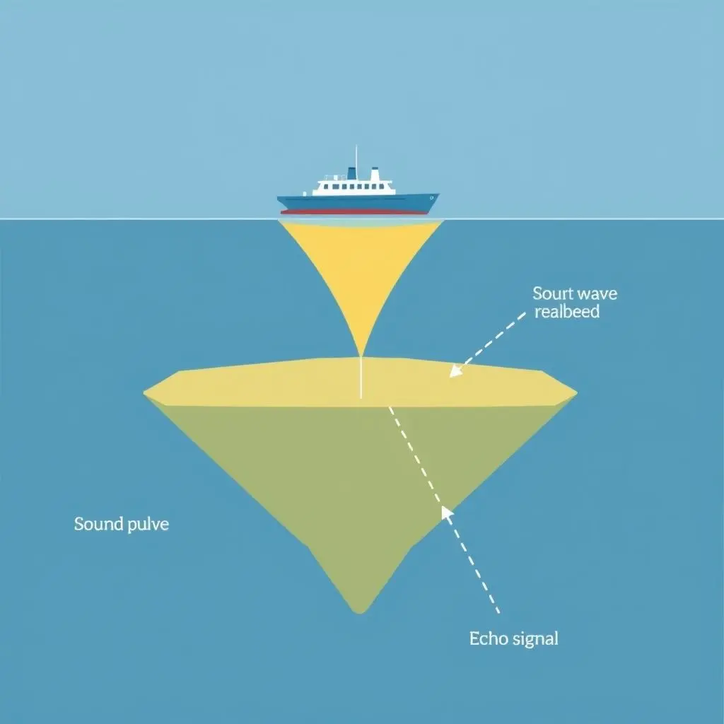 Diagram illustrating how sonar works: a ship sending a sound pulse, the pulse reflecting off the seabed, and the echo returning to the ship.