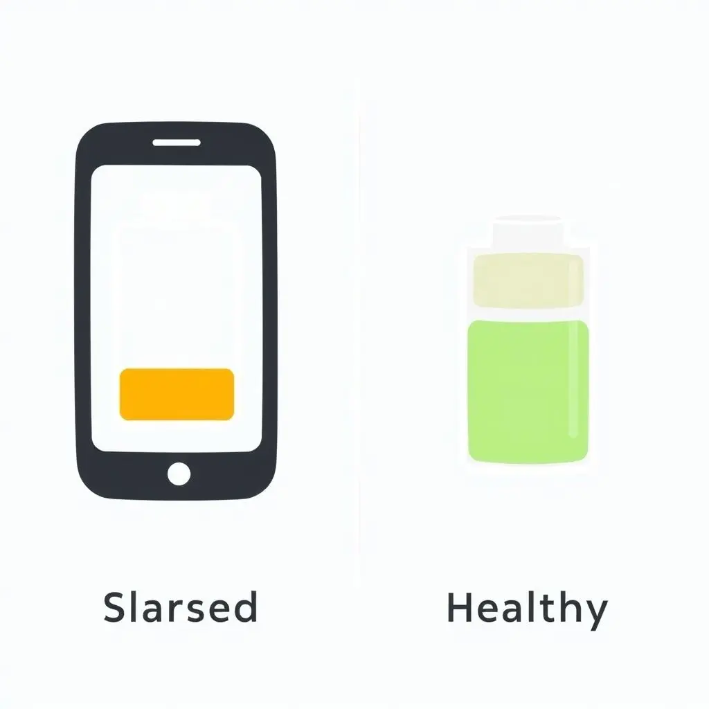 Illustration showing a stressed, low phone battery next to a calm, partially full phone battery icon