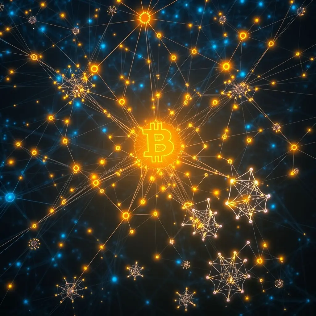 A visual contrast between a large, robust, and complex network of interconnected nodes representing strong blockchains like Bitcoin, and several much smaller, fragile, and loosely connected networks, highlighting their relative vulnerability.