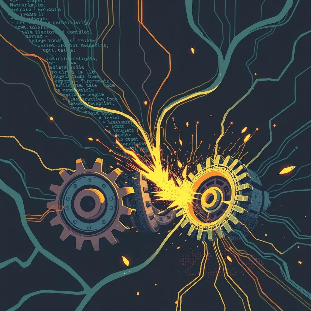 Abstract illustration of computer code transforming into physical destruction