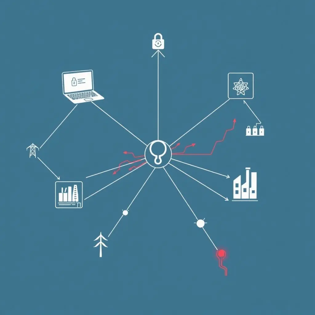 Cyber nodes connecting to physical infrastructure icons (power lines, factories)