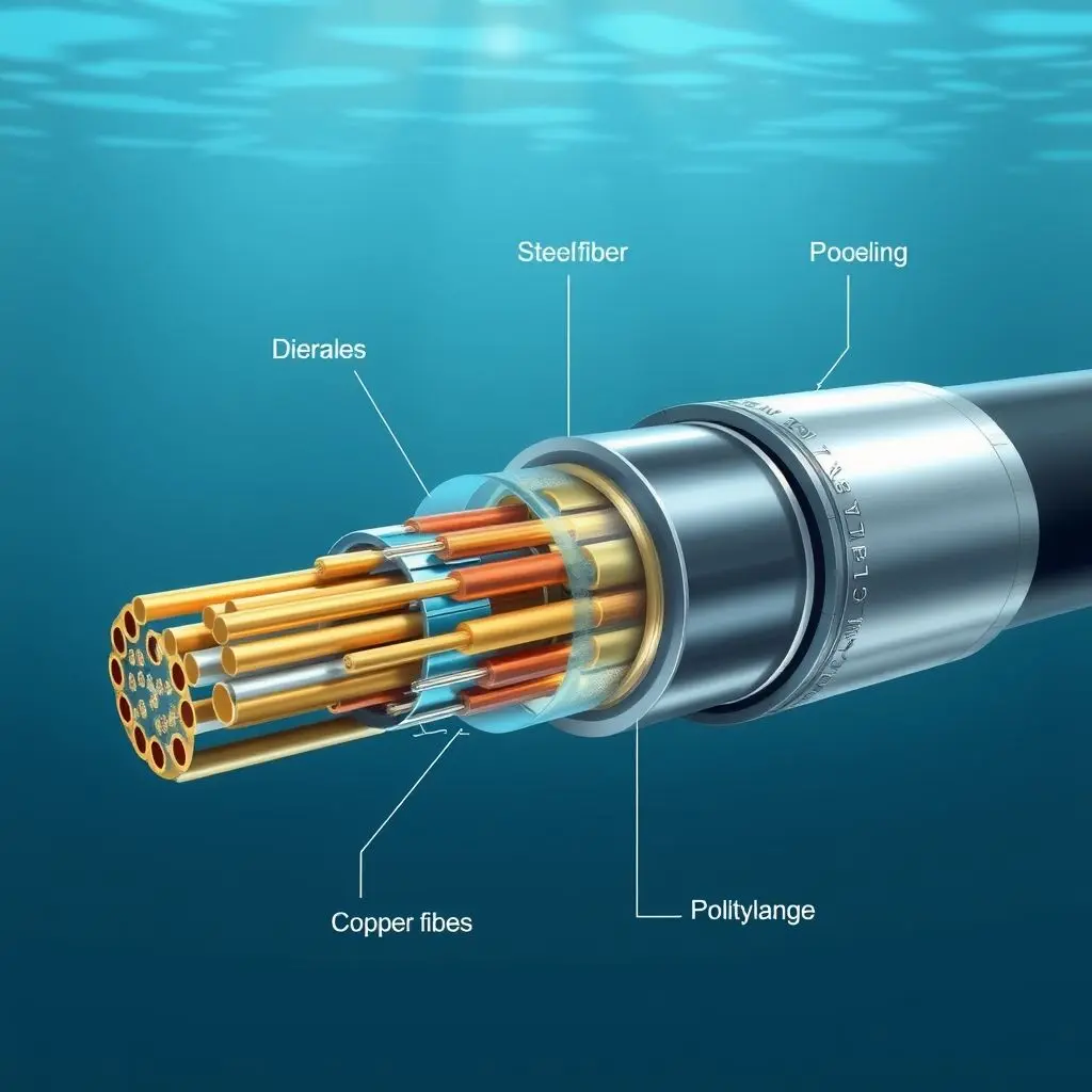 Detailed cross-section diagram of an armored submarine internet cable, showing multiple protective layers including optical fibers, copper tube, steel armor, and polyethylene jacket.