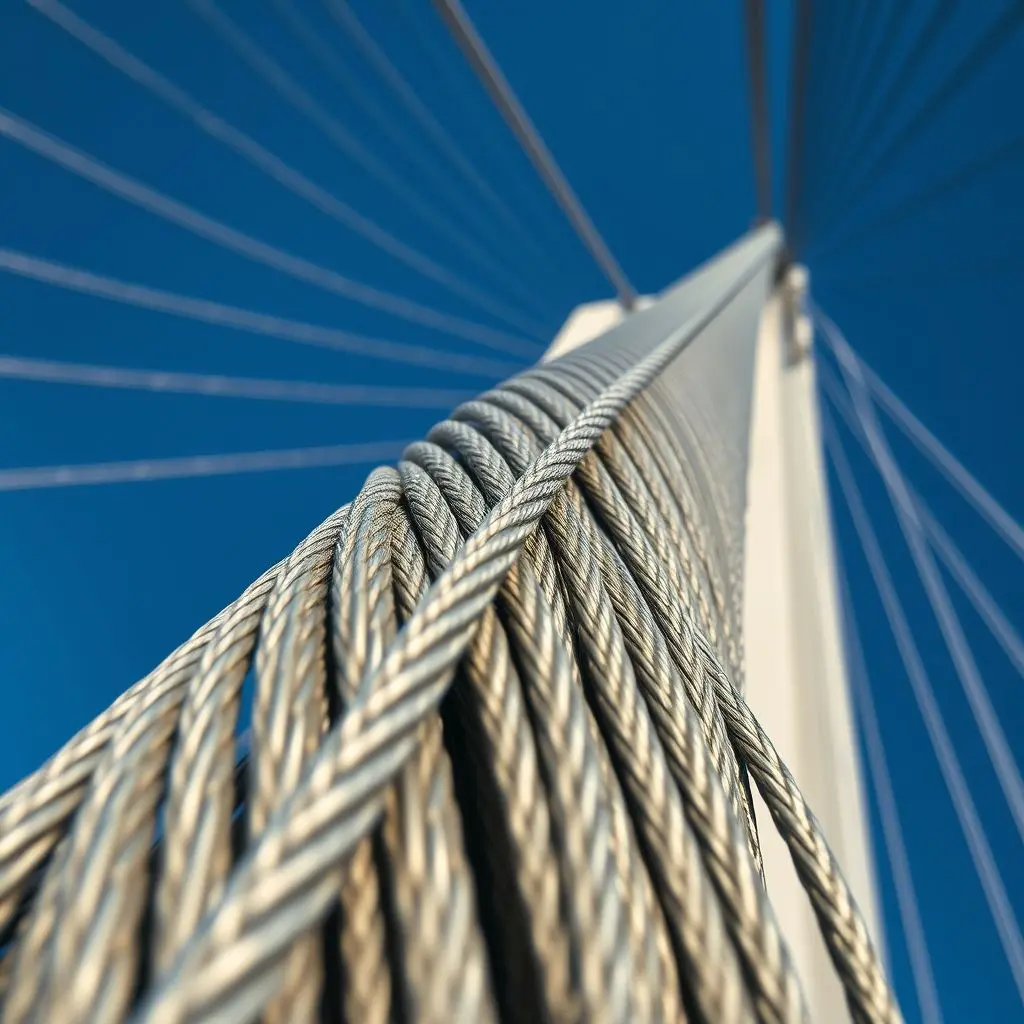 Close-up detail of a suspension bridge main cable showing it is made of numerous tightly packed steel wires.